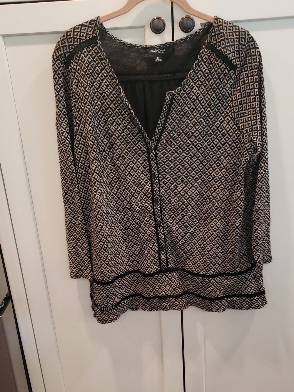 Lucky Brand Black and Cream Geometric Button-Front Blouse